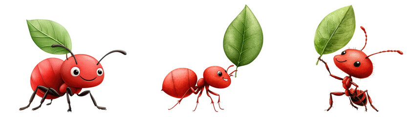 Fototapeta premium Cheerful red ants carrying green leaves, showcasing teamwork and determination