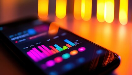 Analyzing Financial Data on a Mobile Phone with a Vibrant Bokeh Background