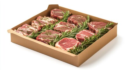 Nine seasoned beef steaks in a cardboard box, garnished with rosemary sprigs, isolated on white.