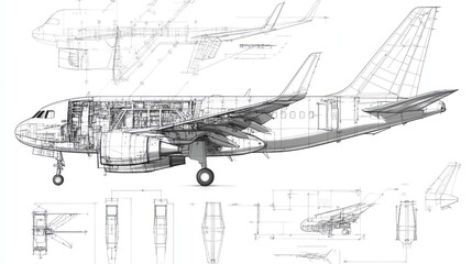 Technical blueprint of an aircraft showcasing design and engineering details.