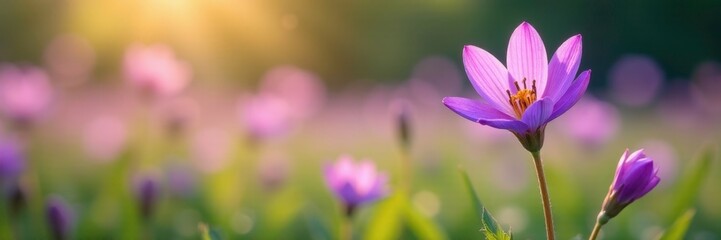 Fototapeta premium Purple petals unfurl from delicate stems in the breeze, landscape, natural, colors