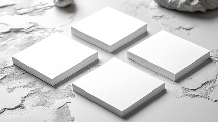 Four white rectangle business card mockups with soft shadows. Neutral light grey textured background, flat lay, top view.
