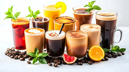 Assorted coffee drinks, citrus fruits, and mint.  Lifestyle photo for menu or blog