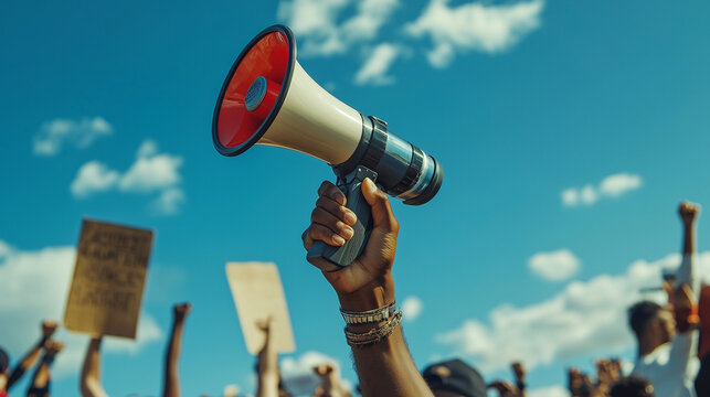 Hand Holding a Megaphone Against Blue Sky Symbolizing the Collective Voice for Social Justice and Meaningful Change