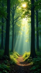 Obraz premium Quiet forest with tall trees and filtered sunlight, foliage, calm, stillness