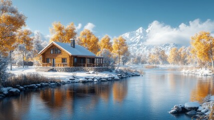 Fototapeta premium Winter Wonderland - Hyper-realistic Cozy Cabin Surrounded by Snow-covered Trees with Detailed Textures