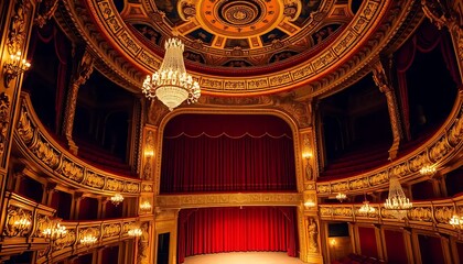 Fototapeta premium Ornate Golden Theater Interior With Red Curtains