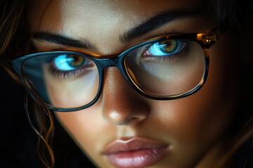 Fototapeta premium Focused woman wearing glasses working on computer late at night in dark office