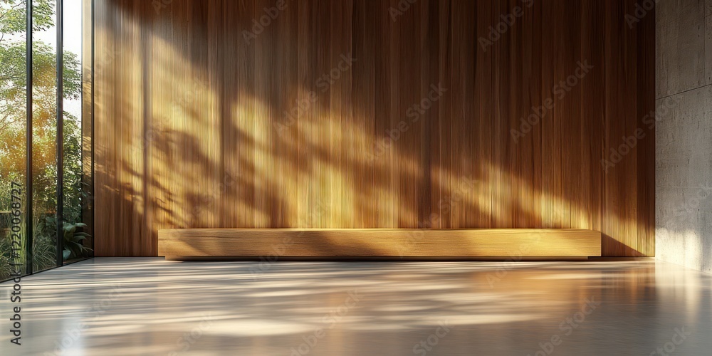 Poster wooden wall background with vertical slats and soft lighting in modern interior design of empty stud