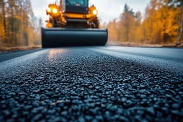 Close-up View of Road Roller Compressing Fresh Asphalt in Construction Site with Dramatic Lighting and Blurred Background