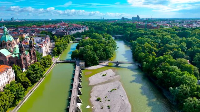Aerial view of river Isar, St Lukas Kirche and cemtral Munich, Germany, Europe