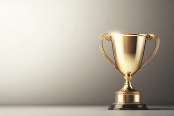 golden trophy cup stands elegantly on grey background, symbolizing achievement and success. Its shiny surface reflects light, creating sense of prestige and honor