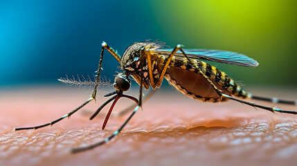 Close-Up View of a Mosquito Feeding on Human Skin with a Colorful Background in Natural Light for Educational and Scientific Use