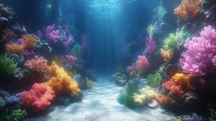 Naklejka premium Subaquatic Symphony: Hyper-Realistic Coral Reef with Ethereal Glow