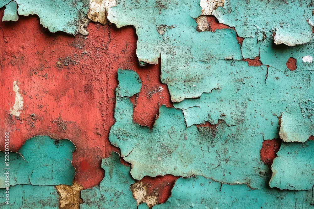 Poster grunge wall texture abstract art with vibrant teal and rusty red colors showing peeling paint and su