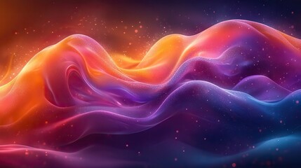 Glossy headphones on a backdrop of abstract colorful waves in orange, purple, and pink hues, with copy space for text or design elements.