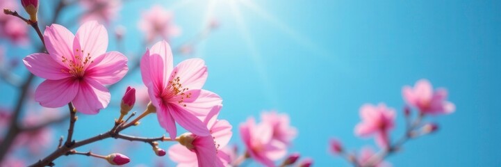 Obraz premium Radiant pink flowers on bright blue background, spring, nature, floral