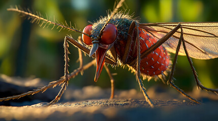Close-up of a Detailed Mosquito with Vibrant Eyes Under Natural Light Highlighting Intricate Features and Textures in Nature Environment