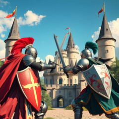 Knights dueling in front of a medieval European castle, atmosphere of determination, colorful armor and feathers, swords and shields. Generative AI.