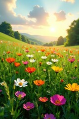 Obraz premium Floral fields with tall grasses and colorful flowers blooming in the late afternoon sun, green, landscape
