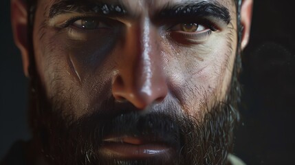 Obraz premium A close-up portrait of a man with a beard, scars, and intense eyes.
