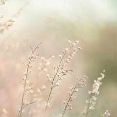 Delicate Twig with Tiny Pastel Flowers in Serene Meadow Landscape