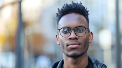 Obraz premium Portrait of a young man wearing glasses, looking at the camera in the city.