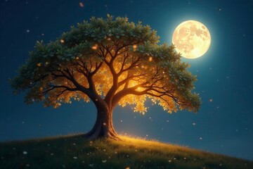 radiant tree of life illuminated by soft moonlight, glow, peaceful, shimmering leaves
