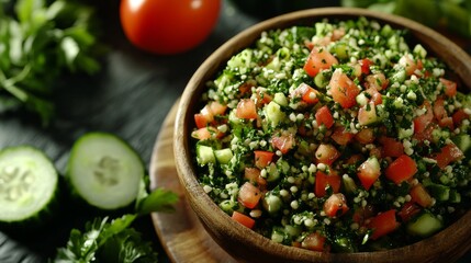 Traditional Lebanese tabbouleh with tomatoes and cucumbers. Featuring a fresh and vibrant dish. Highlighting the texture and flavors of the tabbouleh. Ideal for food and cultural themes.