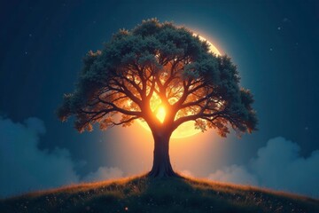 radiant tree of life illuminated by soft moonlight, serene, tranquil, glow