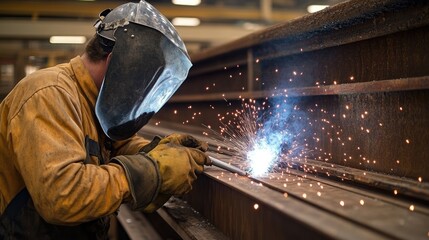 Welder works steel factory sparks