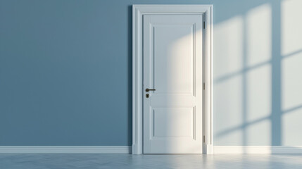 modern interior featuring white door against cool toned blue wall, illuminated by soft natural light, creating serene atmosphere