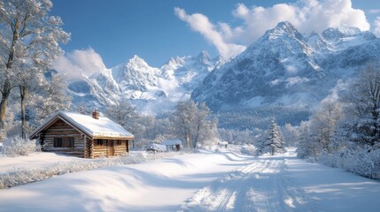 Fototapeta premium Snow-Covered Haven: Cozy Winter Cabin Surrounded by Detailed Textured Trees in Photorealistic Setting