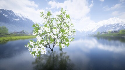 Blossoming Tree Reflecting in Calm Mountain Lake