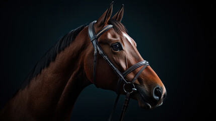 Obraz premium close up of brown horse with bridle, showcasing its elegant features and expressive eyes against dark background. image captures beauty and strength of animal