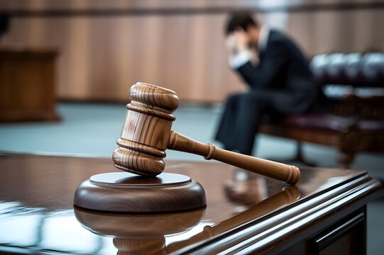 A sad man with his hands on his head in a court complex.The Concept of Business Illegality and Bankruptcy.