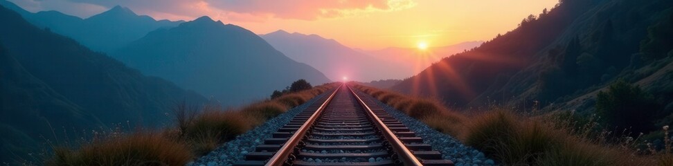 Fototapeta premium Rail trail disappearing into the mountains at dawn, railroad, misty terrain