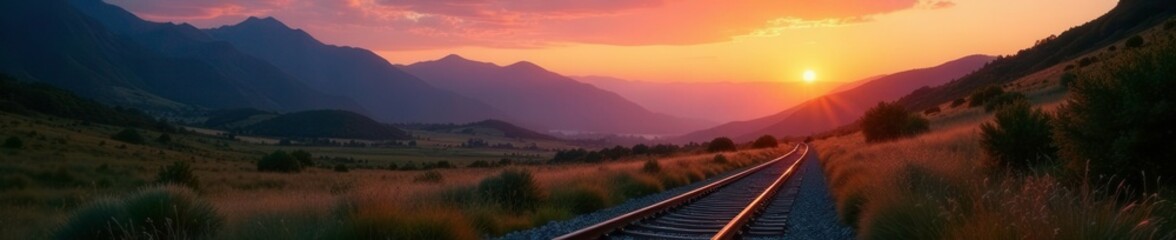 Rail trail disappearing into the mountains at dawn, scenery, sun rise, nature