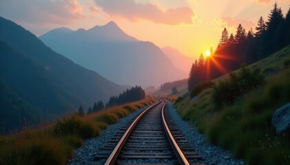 Rail trail disappearing into the mountains at dawn, foggy morning, nature, trail