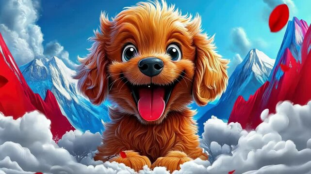 Playful guide dog in vibrant mountain scene amidst colorful chaos