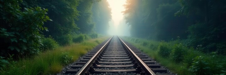 Fototapeta premium Railway track disappears into the misty veil of a forest, mist, serene