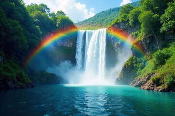 Fototapeta premium Rainbow arches over Banyue waterfall's surface, summer, water
