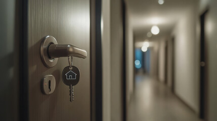modern apartment door with key in lock, symbolizing home security and comfort. blurred hallway in background adds depth to scene