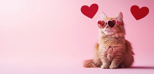 A fluffy ginger cat wearing pink heart-shaped sunglasses sits gracefully against a pastel pink background, surrounded by red heart shapes. Perfect for Valentine’s Day promotions, romantic designs
