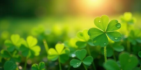 Raindrop-covered clover flowers shine in the sun, bloom, sunlight, greenery