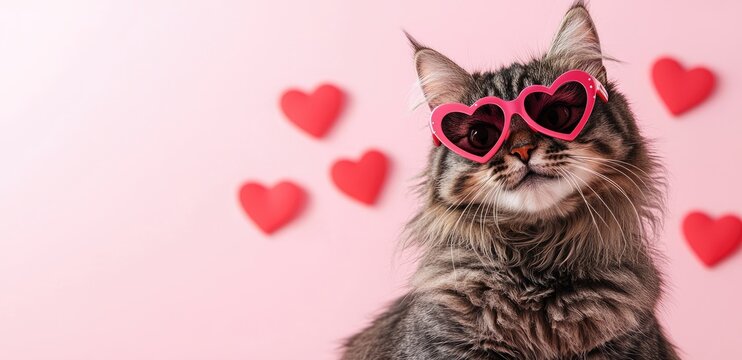 A fluffy tabby cat wearing pink heart-shaped sunglasses sits confidently against a pastel pink background, surrounded by red heart shapes. Perfect for Valentine’s Day campaigns, romantic projects