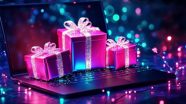 Festive holiday sales frenzy with glowing gift boxes and neon lights for celebration design