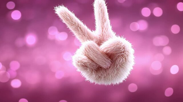 Fur-covered peace sign on pink bokeh background for creative design