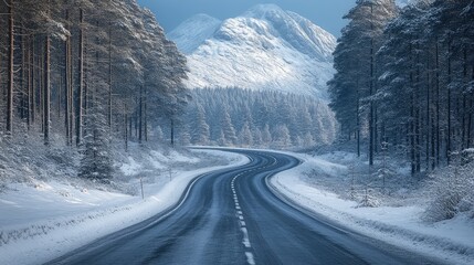 Fototapeta premium Winding snowy road, mountain backdrop, winter forest, travel journey