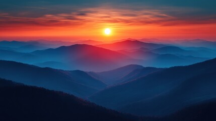 Fototapeta premium Serene Sunrise over Majestic Mountain Range - Minimalist Design with Vibrant Colors